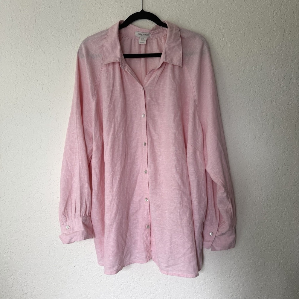Laura Ashley Linen Blend Top Plus Sz 3X Pink Long Sleeve Button Up Lightweight